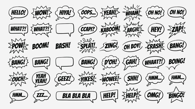 Comic speech bubbles with various expressions and words are illustrated in black.