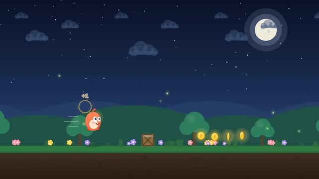 Cute 2D platformer video game gameplay scene featuring a small orange character collecting gold coins. Perfect concept for casual gaming, mobile app development, and game design, Night mode