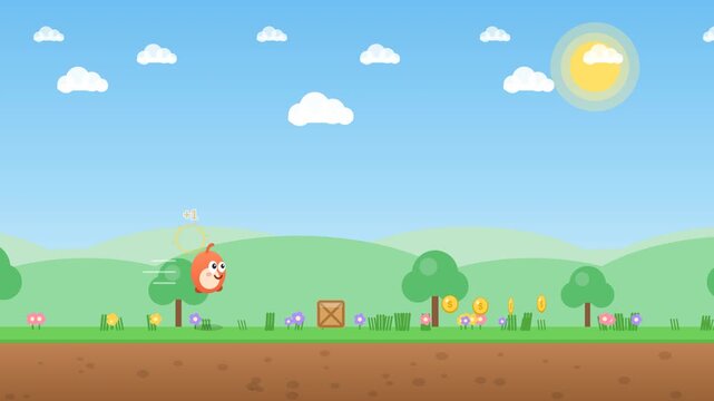 Cute 2D platformer video game gameplay scene featuring a small orange character collecting gold coins. Perfect concept for casual gaming, mobile app development, and game design