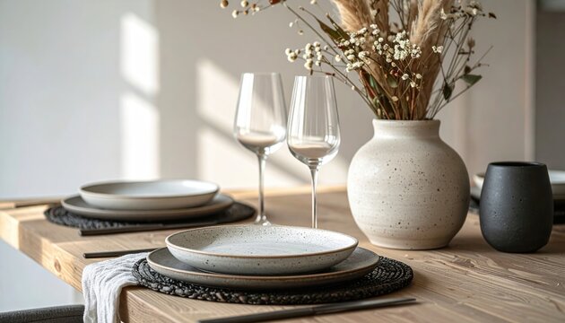 Table preparation for family dinner with stylish tableware and minimalist decor
