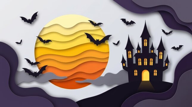Spooky layered paper cut haunted castle under large orange moon with flying bats in purple night sky background provides a festive and eerie seasonal atmosphere for Halloween greeting cards or posters