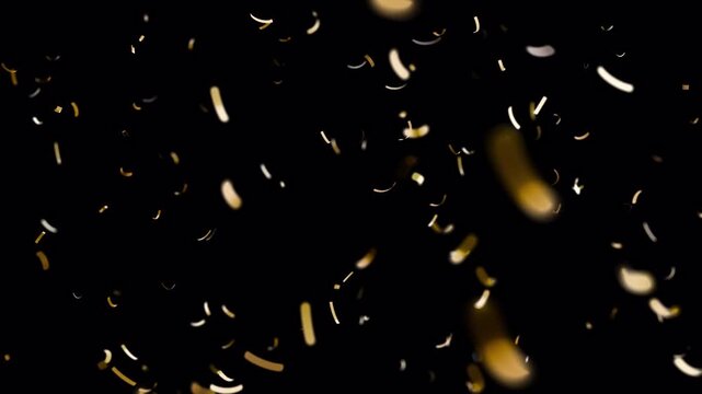 Golden particles gently fall and fly in a seamless loop against a transparent background. Perfect luxury overlay footage for celebrations, events, weddings, and awards. Use with alpha channel.