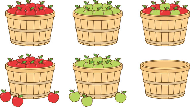 Apple harvest basket vector set featuring wooden bushels filled with red green and mixed fruits plus an empty bushel graphic illustration