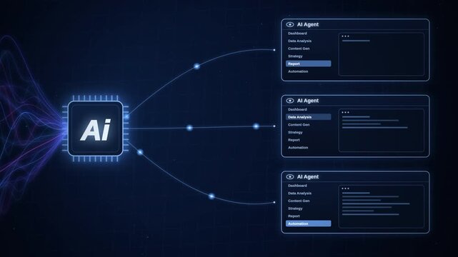 Futuristic AI chip connecting to AI agent interface windows displaying data analysis, automation, and reports. Perfect for artificial intelligence and machine learning technology concepts.