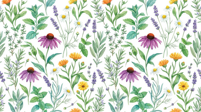 Watercolor Botanical Pattern with Echinacea, Lavender, Calendula, and Herbs on White Background for Design and Decor