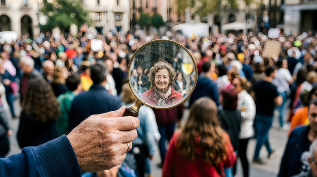 Woman stands out in crowd through magnifying glass