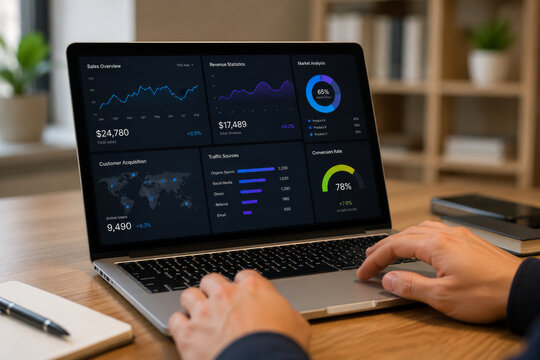 Business dashboard Data analysis on a laptop with charts and graphs. strategic business intelligence, and financial marketing report KPI monitoring, and insights. 