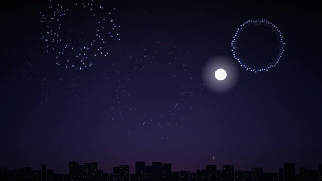 Colorful fireworks exploding in the dark night sky over a city skyline silhouette. Perfect illustration background for New Year, 4th of July, festivals, and celebration designs