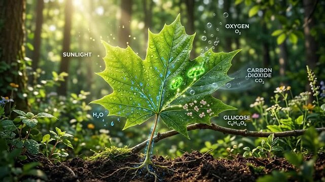 Maple leaf, illustrating the intricate biological process of photosynthesis, converting solar energy, water, atmospheric carbon dioxide into essential oxygen, glucose, fueling plant growth.