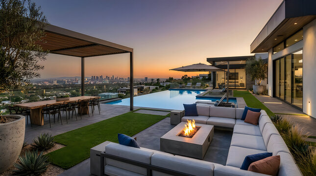 Luxury modern outdoor living space with city view at sunset