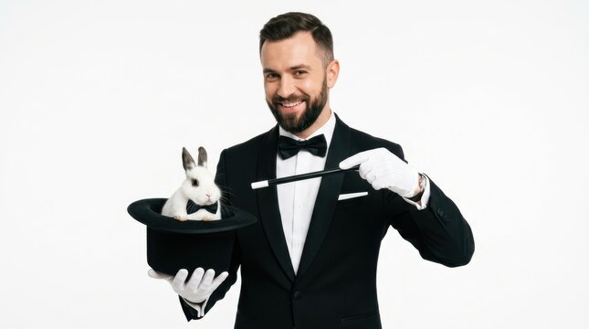 Professional magician in tuxedo performing a classic trick with a white rabbit in a top hat and a magic wand against a white background, perfect for entertainment and show business advertisement