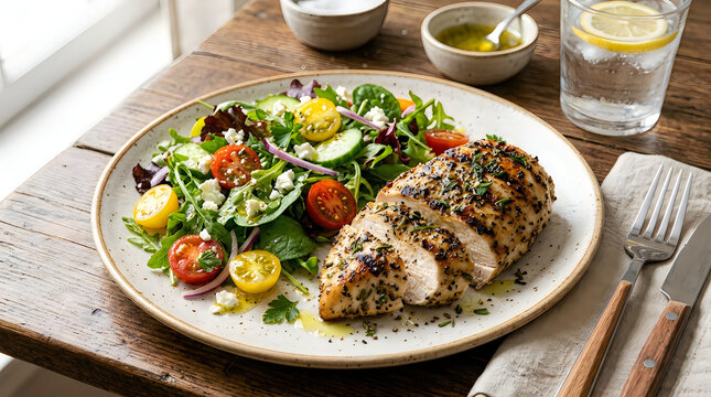 Grilled chicken breast with fresh salad on rustic wooden tabletop