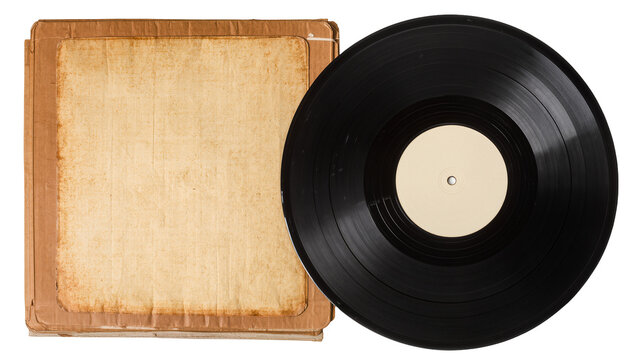 Isolated antique blank vinyl record and stack of aged brown cardboard sleeves