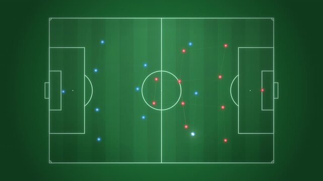 Top view of a soccer field vector layout featuring professional tactical digital analysis data. The green pitch shows strategic scheme lines with red and blue dots representing team formations