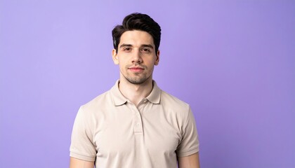 Fototapeta premium Man in beige shirt: A young man in a stylish beige collar shirt against a muted lilac background wall.