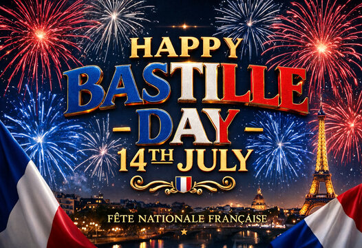Colorful bastille day celebration with fireworks and eiffel tower in paris cityscape scene