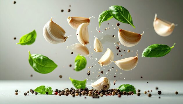Flying garlic cloves with basil leaves and peppercorns in dynamic motion