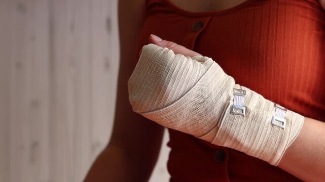 Woman with elastic compression bandage on wrist and palm. Medical care for joint pain, sports injuries or arthritis. Female hand with elastic bandage on wrist, close-up. Hand in medical bandage