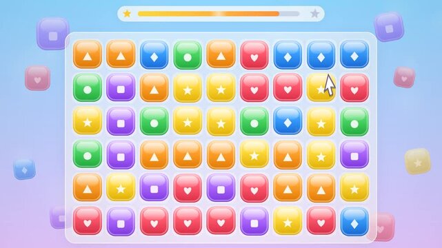 Colorful match-3 puzzle game interface featuring glossy block icons with geometric shapes. This bright vector layout with a progress bar and cursor is perfect for mobile casual gaming design