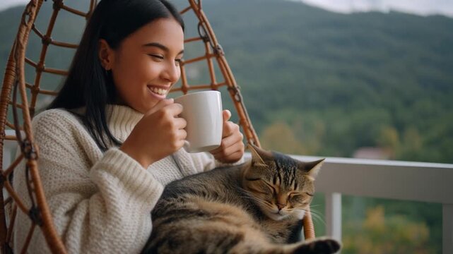Woman enjoys warm drink with cat on balcony during golden hour with misty mountains background