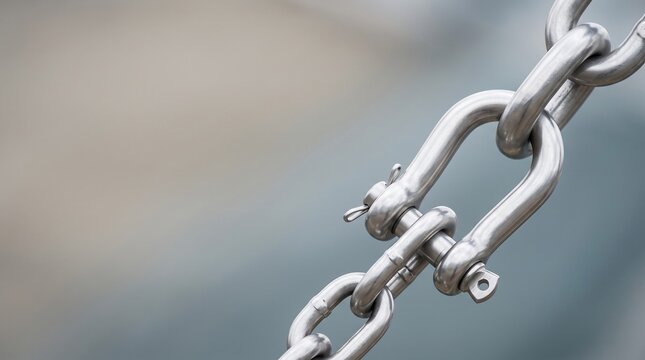 Industrial stainless steel shackle connecting heavy metal links for secure rigging with displays close polished