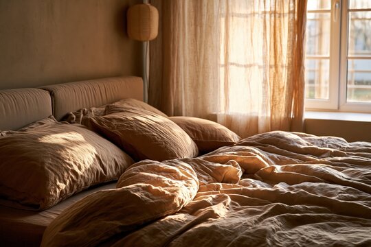 Cozy bedroom in early morning light unmade linen bed warm gol