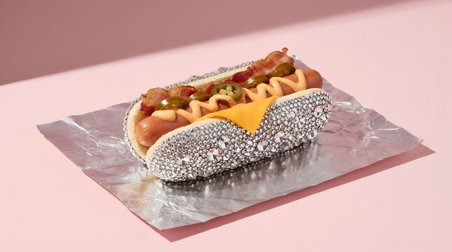 A hot dog with cheese bacon and jalape os in a rhinestone covered bun studio photo