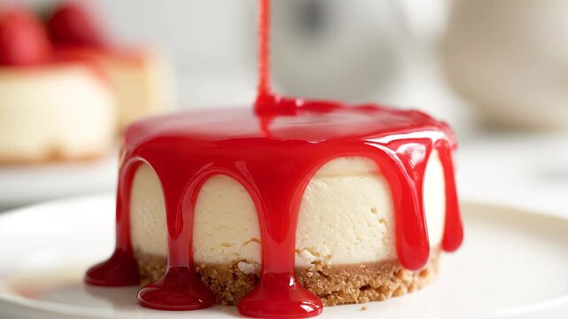 Close up of bright red strawberry glaze cascading over a small cheesecake in soft diffused daylight with shallow depth of field.