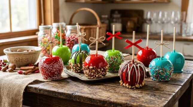 Vibrant gourmet candy apples with festive toppings like nuts and sprinkles sit on a rustic wooden table in a cozy kitchen setting, perfect for autumn celebrations and holiday dessert inspiration today