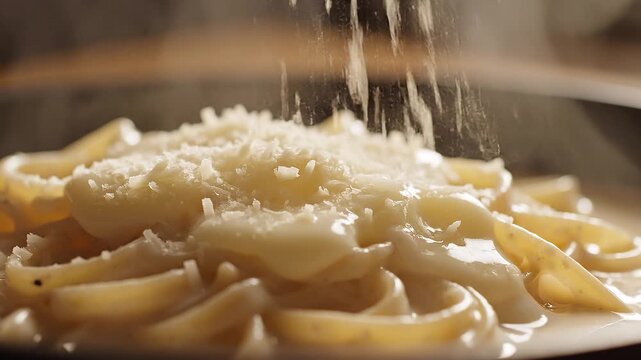 Close up of freshly grated parmesan cheese falling onto hot creamy pasta with subtle steam in warm kitchen light.