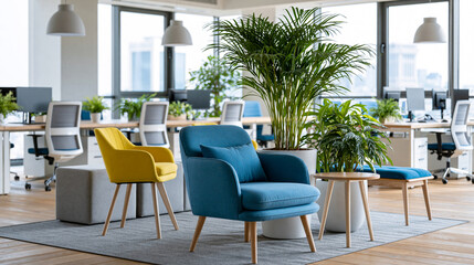 Fototapeta premium Premium modern coworking in vibrant metropolis with abundant natural light panoramic skyline views modular desks colorful chairs plants and lounges, innovative workspace concept,