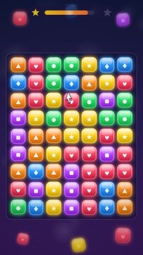Colorful match-3 puzzle game interface featuring glossy block icons with geometric shapes. This bright vector layout with a progress bar and casual gaming design, Vertical dark
