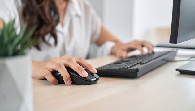 Person using computer mouse and keyboard at desk