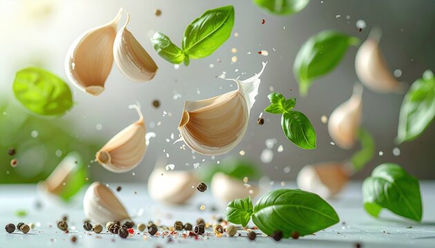 Flying garlic cloves with basil leaves and peppercorns in dynamic motion