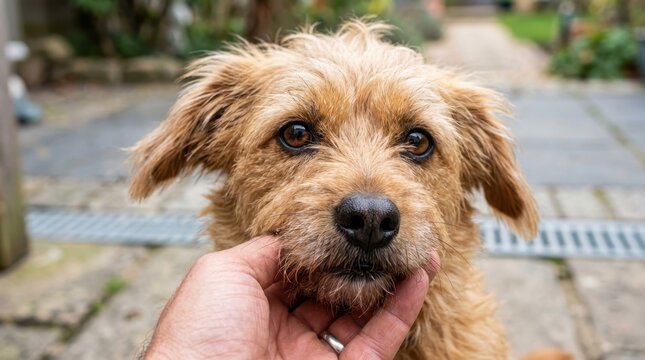 Adorable scruffy terrier dog being gently held by owners hand in sunny outdoor garden patio, capturing a heartwarming bond and loyal friendship between a rescued pet and its human companion right now.