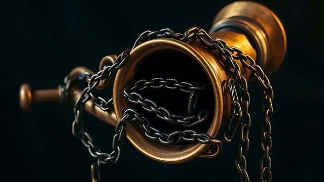 Brass horn with chains wrapped around it, chains blocking opening, symbolic silenced voice.