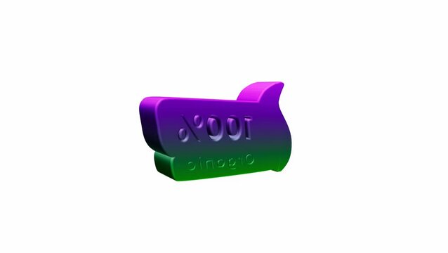A 3d purple and green gradient sign with the text 100 percent organic for healthy natural food labels