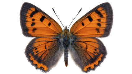 Isolated vibrant orange butterfly specimen with black spots on spread wings, entomology © Cian
