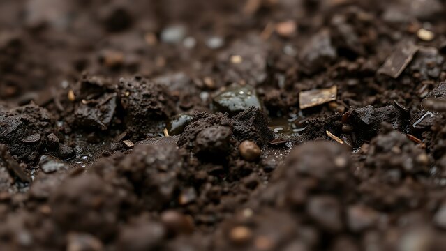 Close-up of rain-soaked dark brown soil glistening after a spring shower.