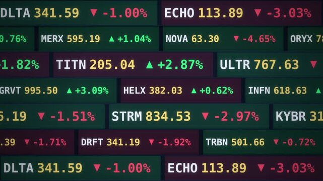 Financial stock market ticker board displaying digital data, trading indices, and share prices. Perfect for economy, global business investment, and cryptocurrency analytics background