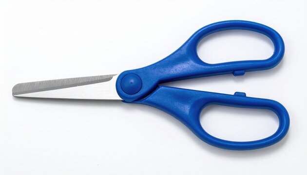 Blue plastic safety scissors on white background
