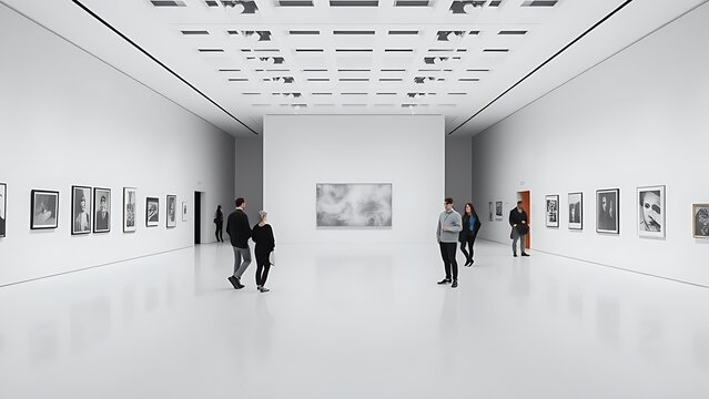 An empty, minimalist art gallery with sparse visitors.