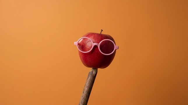 Red apple character with pink glasses on orange background.