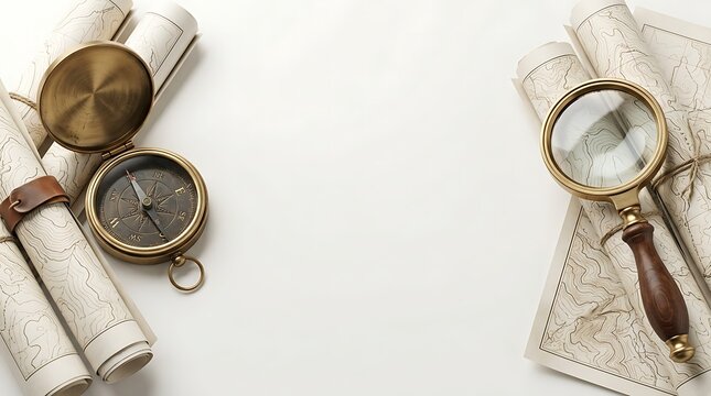 Vintage brass compass and magnifying glass on rolled antique maps over white background with central copy space
