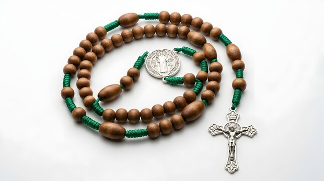 Traditional Catholic rosary with wooden beads and green cord, religious prayer beads with silver crucifix and Saint Benedict medal on white background