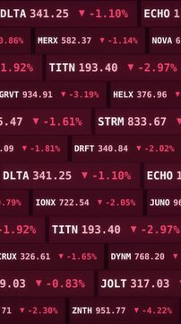 Red stock market ticker screen displaying falling financial data, negative percentages, and downward arrows, representing a global economic recession, bearish market trends, financial crisis, Vertical