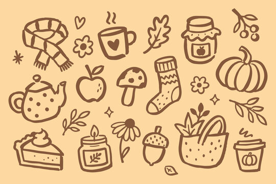 Autumn Cozy Elements Doodle Set Vector Illustration