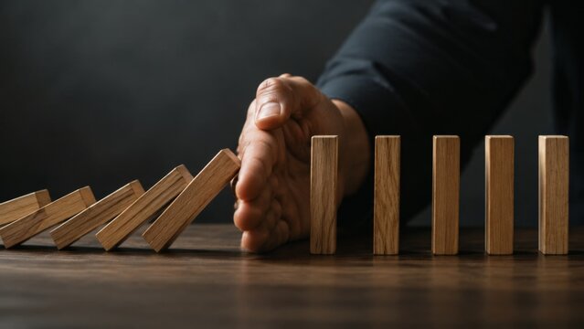 A professional hand stops the chain reaction of wooden dominoes on a dark table, symbolizing corporate risk management and conflict prevention