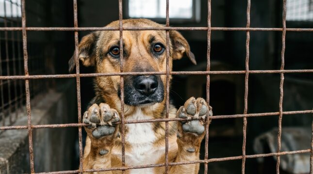 Sad abandoned dog looking through rusty cage bars at an animal shelter, mixed breed brown dog waiting for adoption in lonely kennel environment.