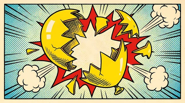 Pop art comic illustration of yellow egg shape exploding